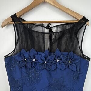 VTG Kay Unger Blue Cocktail Dress Sz 8 Beaded Mesh Sheath Glam Whimsy Dark